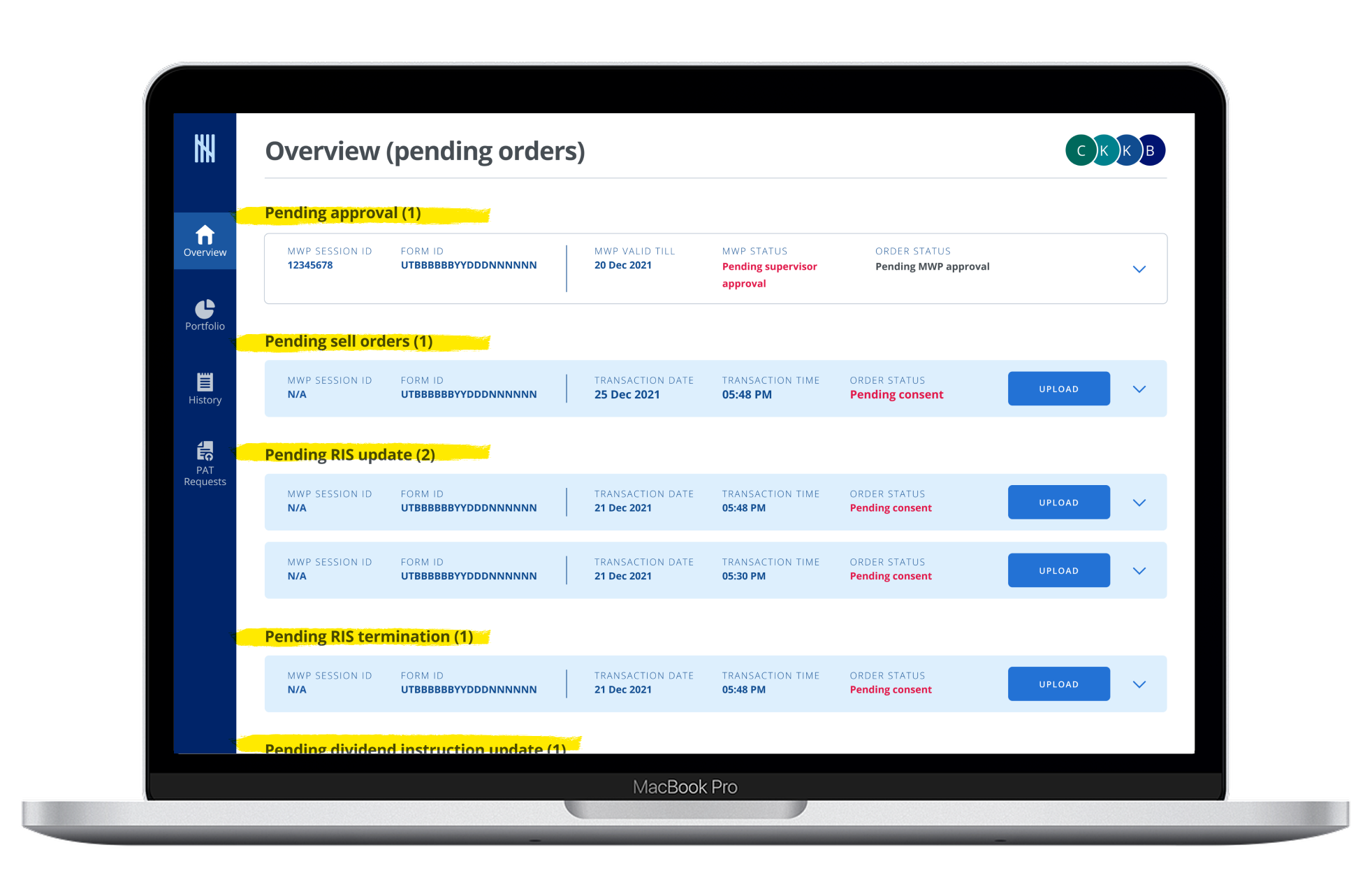 Overview page showing all order types stacked in one long scrollable screen