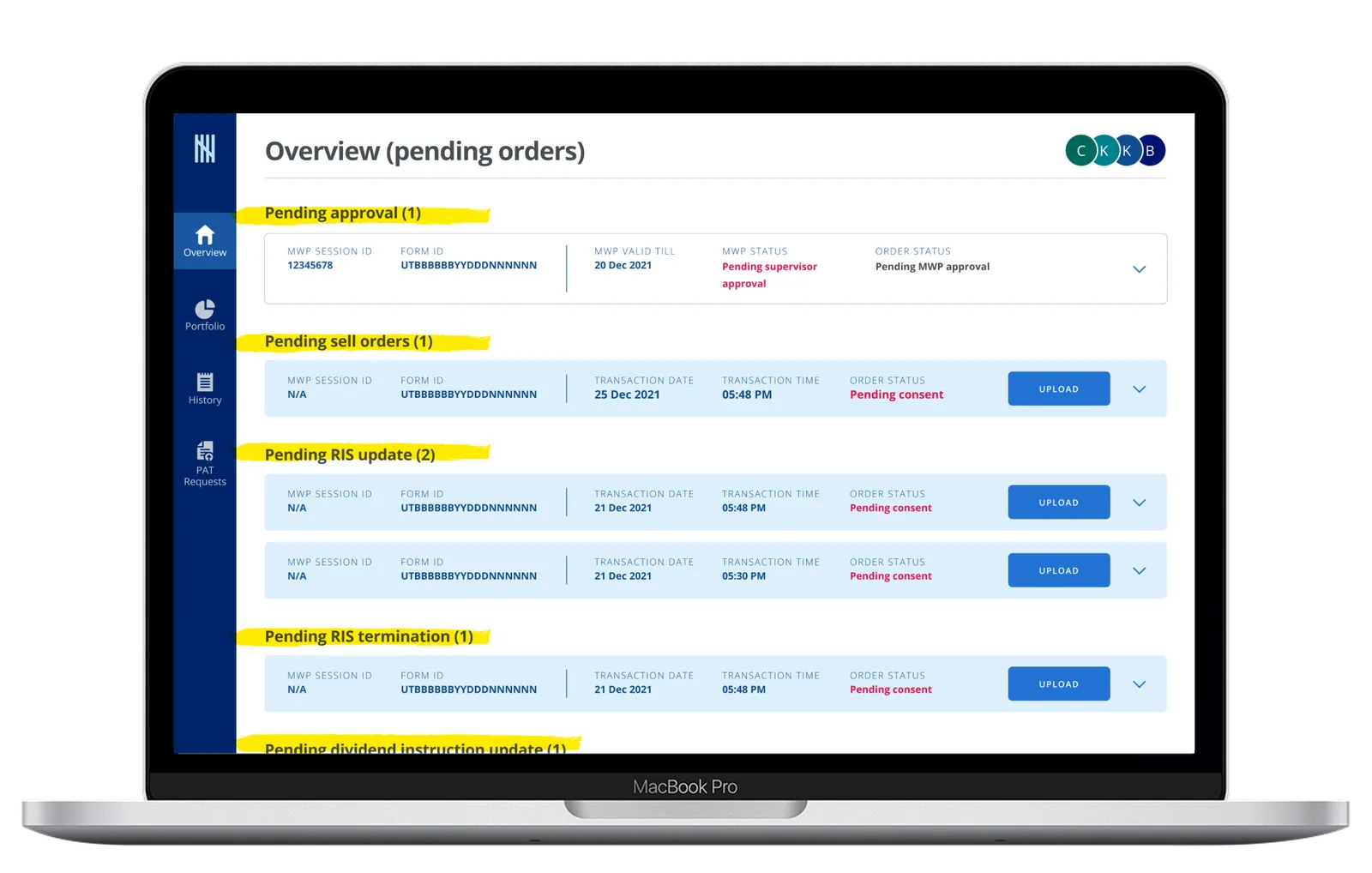 Overview page with all order types stacked