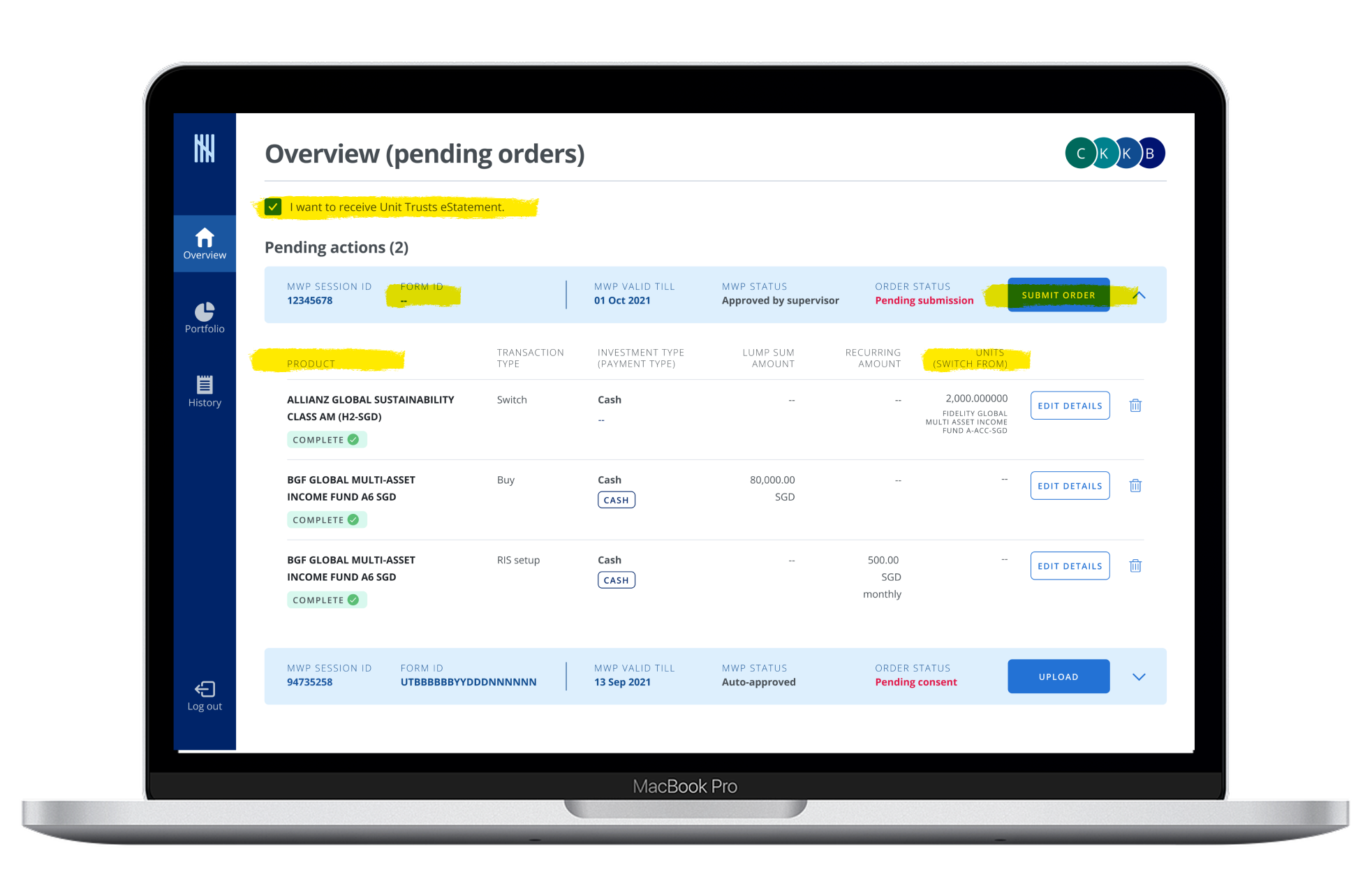 Original Unit Trust transaction model — advisory record with multiple UT items and one shared submit action